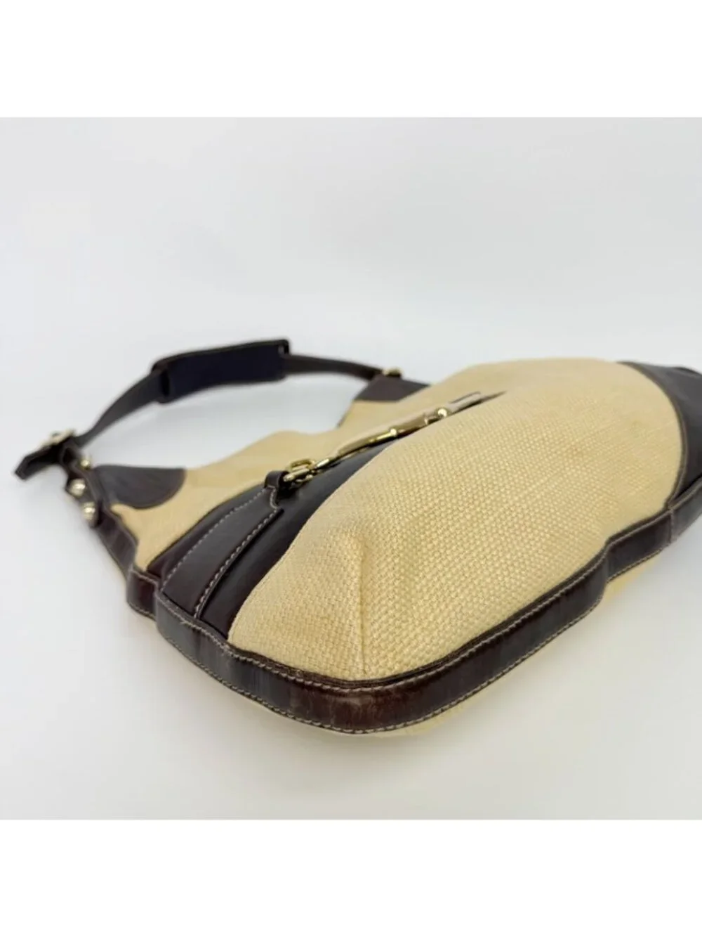 Gucci Horsebit Canvas Hobo Shoulder Bag Beige Brown Gold Vintage